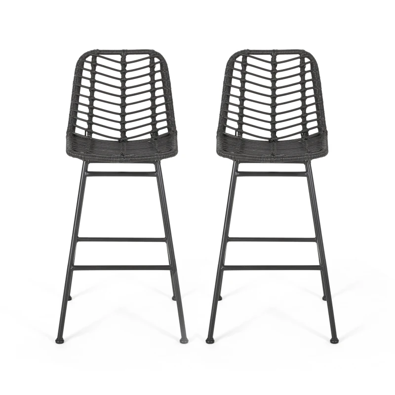 Accent Outdoor Wicker Barstools Set of 2, Hand-Wrapped Faux Rattan, Iron Frame, Assembly Required, 20.25" L x 21.75" W x 43" H, Gray