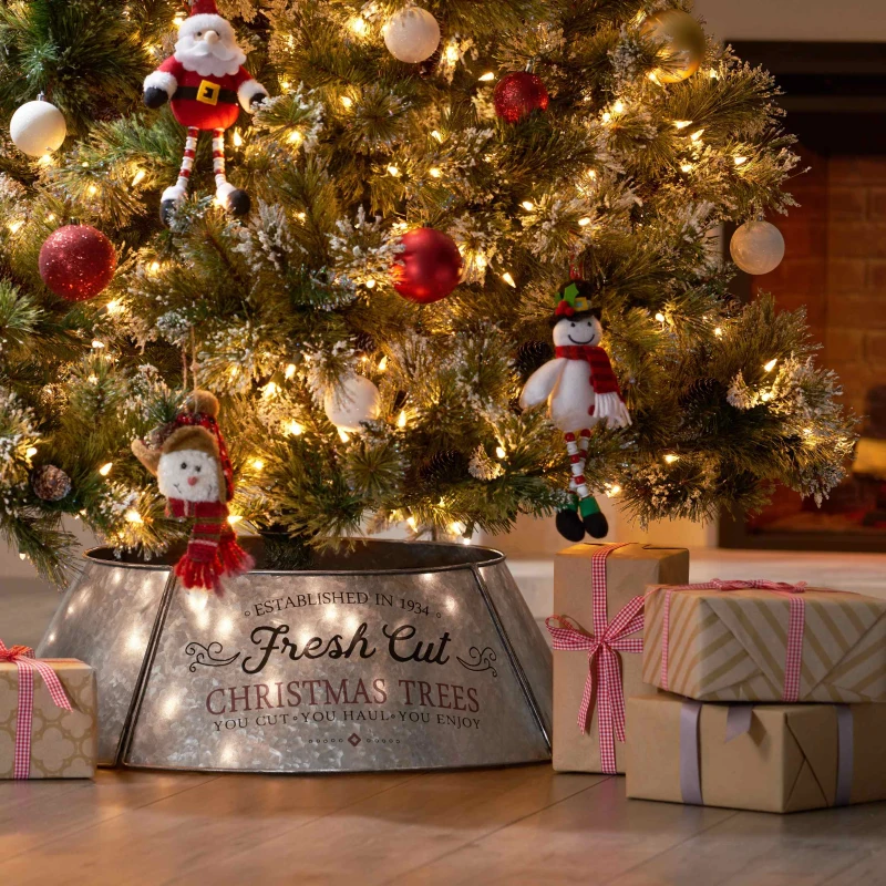 Christmas Tree Collar with Antique Silver Finish, Hammered Look, Galvanized Iron, Easy Assembly, 27.25" x 27.25" x 8.25", Silver