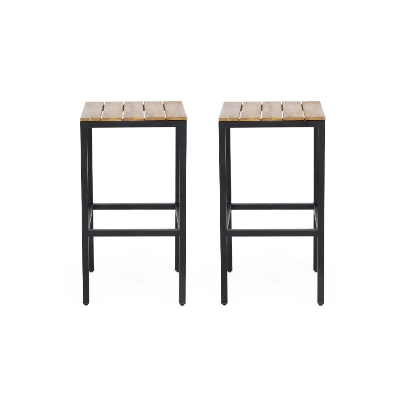 Outdoor Industrial Acacia Wood Bar Stools Set of 2, Metal Frame with Footrests, 16" L x 16" W x 30" H, Teak+Black