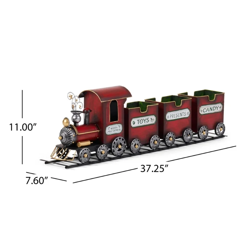 Dark Red Metal Train with Three Cars Decor, Collectible Model with Storage, 37.25"x7.6"x11", Red