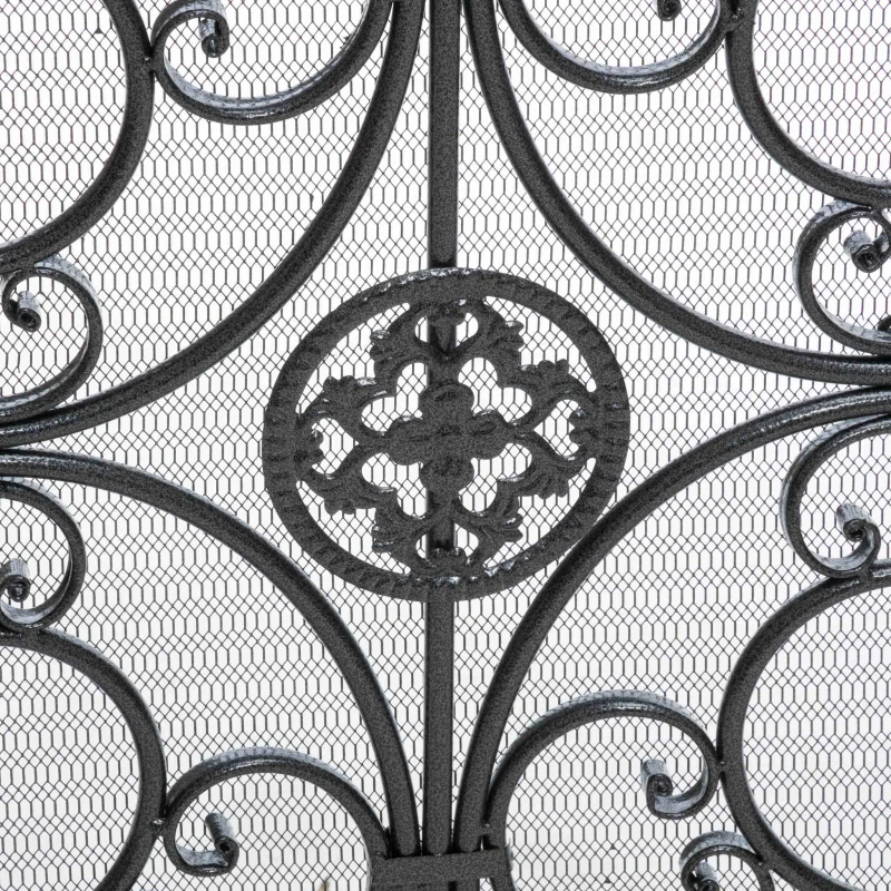 Traditional Fireplace Screen with Victorian Inspired Design, Wrought Iron with Ornate Detailing, 44.5" L x 9.75" W x 35" H, Black+Silver