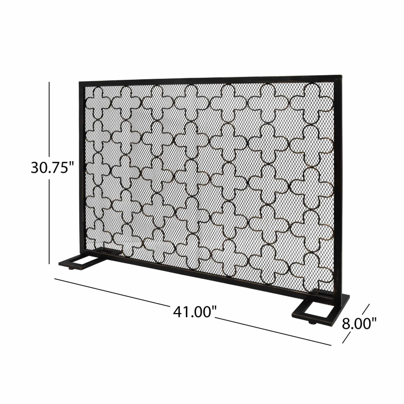 Modern Iron Fire Screen with Single Panel Design and Fine Mesh, Geometric Pattern, and Easy Assembly, 41" L x 8" W x 30.75" H, Black+Gold