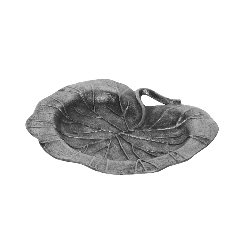 Mid Century Aluminum Decorative Leaf Plate, Handmade Design, Antique Nickel Finish, 12" x 11" x 1", Gray