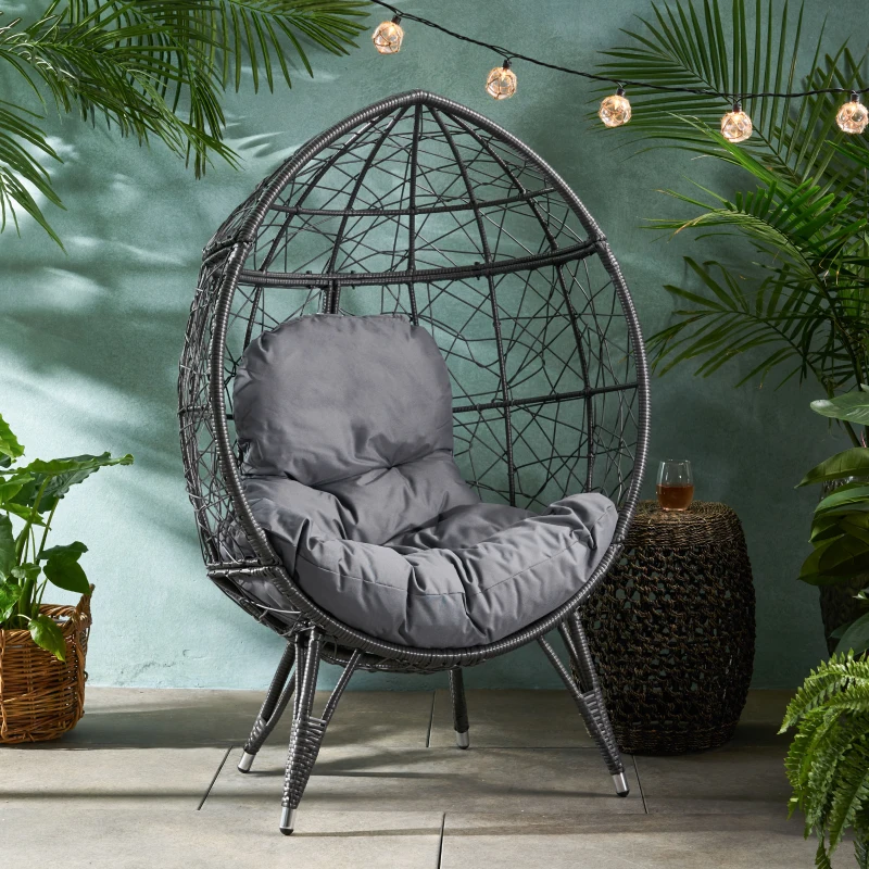 Outdoor Wicker Teardrop Chair with Water-Resistant Cushions, Faux Rattan Iron Frame, Handcrafted Detailing, 38.5" L x 30.75" W x 57.25" H, Gray