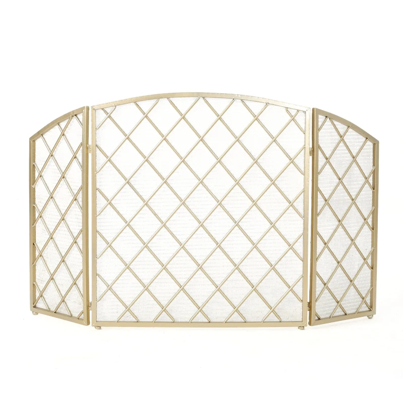 Modern Single Panel Iron Fireplace Screen with Durable Iron Frame, Rustproof Solid Free Standing Fire, 53.2" L x 1.7" W x 32" H, Gold