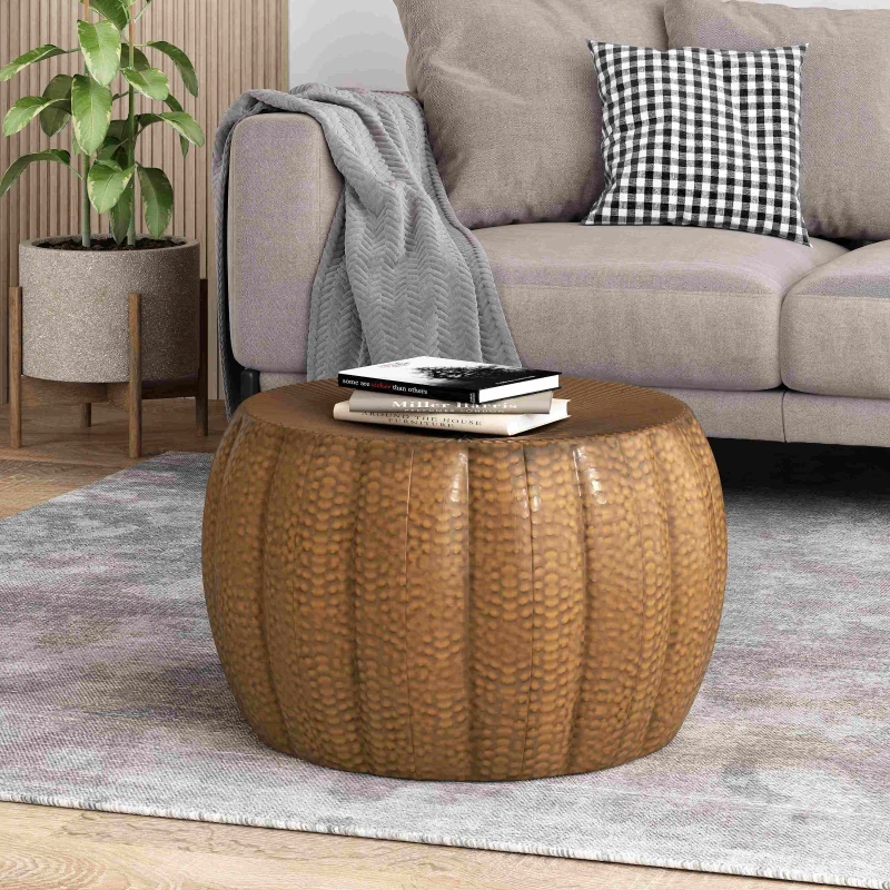 Modern Iron Sunburst Pumpkin Coffee Table, No Assembly Required, 23" L x 23" W x 14" H, Antique Bronze