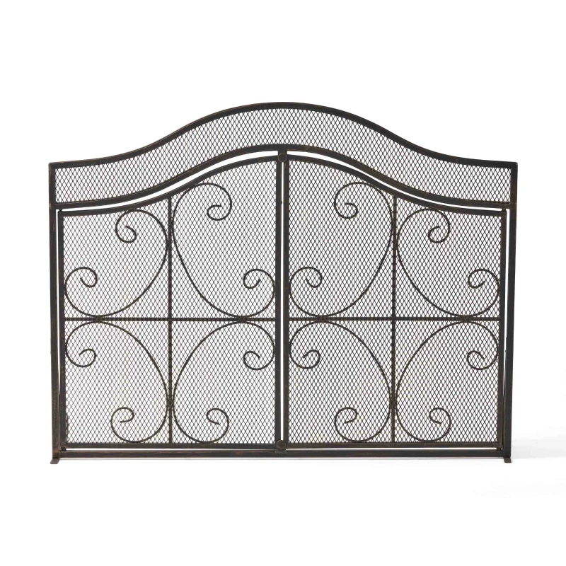 Modern Iron Fire Screen with Single Panel Design and Fine Mesh, Geometric Pattern, and Easy Assembly, 41" L x 9.75" W x 31.75" H, Black