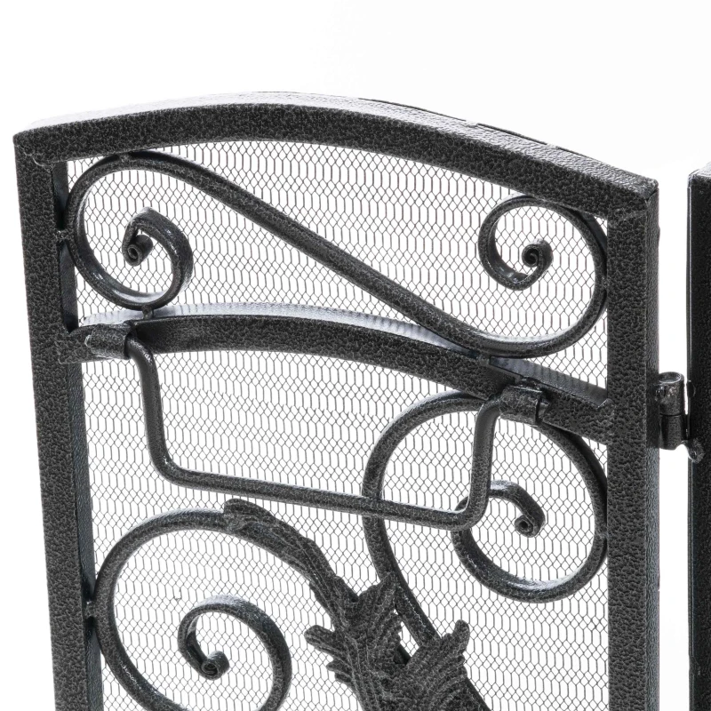 Retro style Fireplace Screen with Ornate Floral Iron Design and Three-Panel, No Assembly Required, 53.5" L x 2" W x 36.5" H, Black+Silver