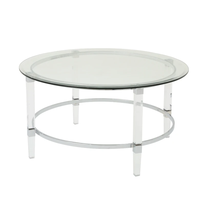 Clear Tempered Glass Round Coffee Table with Iron and Acrylic Frame, Modern Living Room Centerpiece, 35.5" L x 35.5" W x 18" H, Clear