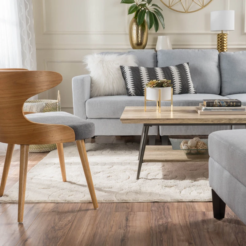Mid-Century Coffee Table with Lower Shelf, Powder-Coated Steel Legs, MDF with Veneer, 43.25" L x 23.5" W x 17" H, Gray