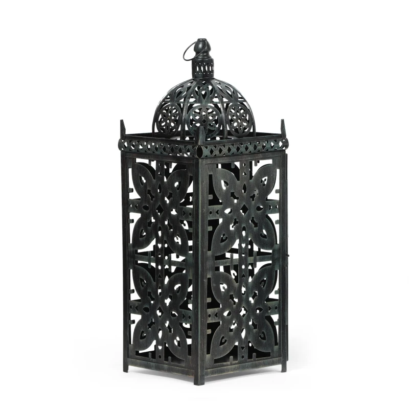 Large Indian Style Lantern with Green Patina and Black Finish, Hand-Crafted Iron, 8.25" L x 8.25" W x 23.25" H, Black