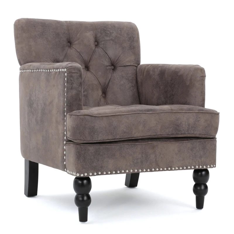 Modern Accent Tufted Club Chair with Rivet Design and Birch Wood Legs, Button Tufted Diamond Stitch, 28" L x 31.75" W x 35" H, Gray+Brown