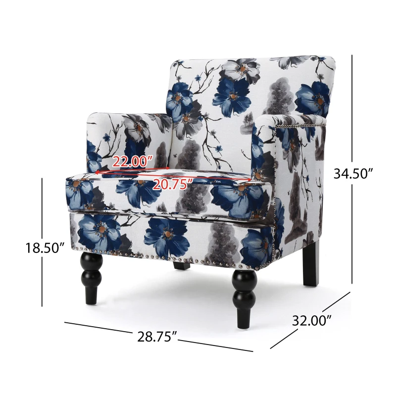 Retro style Tufted Club Chair with Birch Wood Legs, Button Tufted Diamond Stitch, Nailhead Accents, 28.75" L x 32" W x 34.5" H, White+Blue