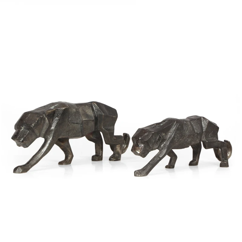 Handcrafted Aluminum Leopard Figurine Set, Sleek Geometric Design, Polished Black Finish, 2.5" L x 12" W x 5" H, Black