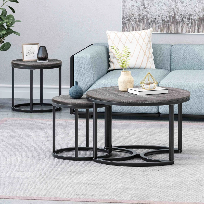 Vinsetto Modern Industrial Fir Wood Nested Coffee Table Set, 3-Piece with Powder-Coated Iron Frames and Wire-Brushed Tabletops, 31.5"x31.5"x18.5", Black+Silver