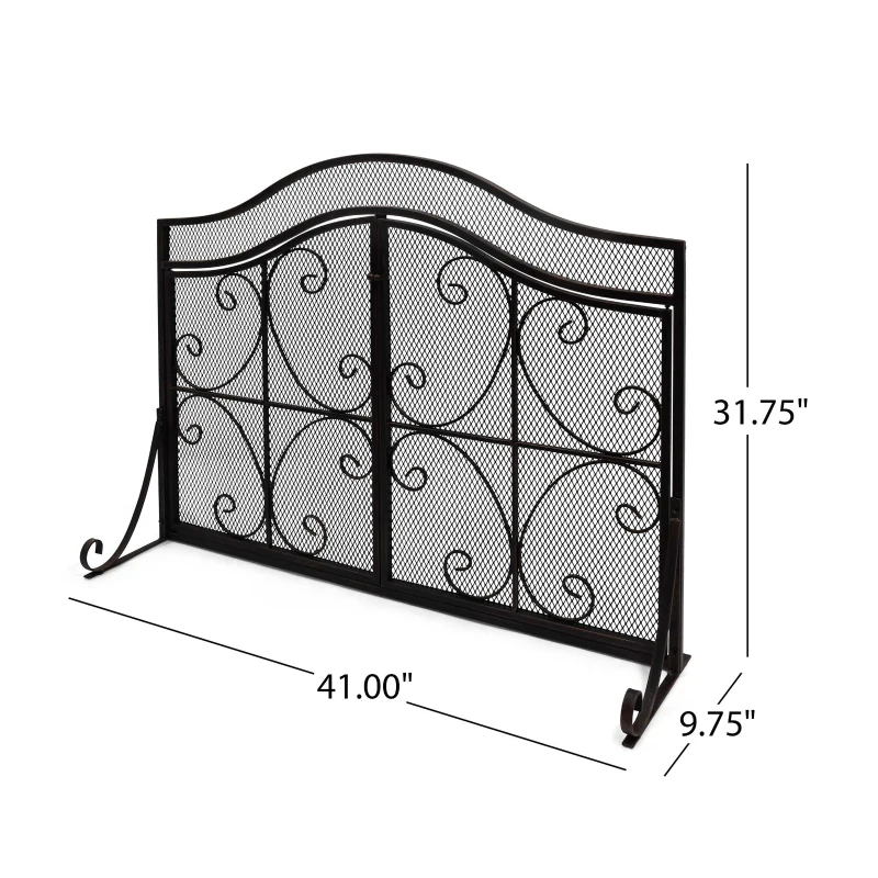 Modern Iron Fire Screen with Single Panel Design and Fine Mesh, Geometric Pattern, and Easy Assembly, 41" L x 9.75" W x 31.75" H, Black