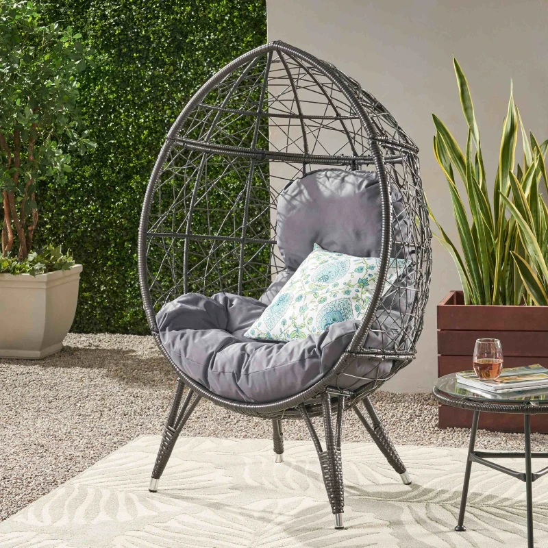 Vinsetto Indoor Teardrop Wicker Chair with Water-Resistant Cushions, Hand-Crafted Faux Rattan and Iron Frame, 38.5" L x 29.5" W x 58" H, Gray