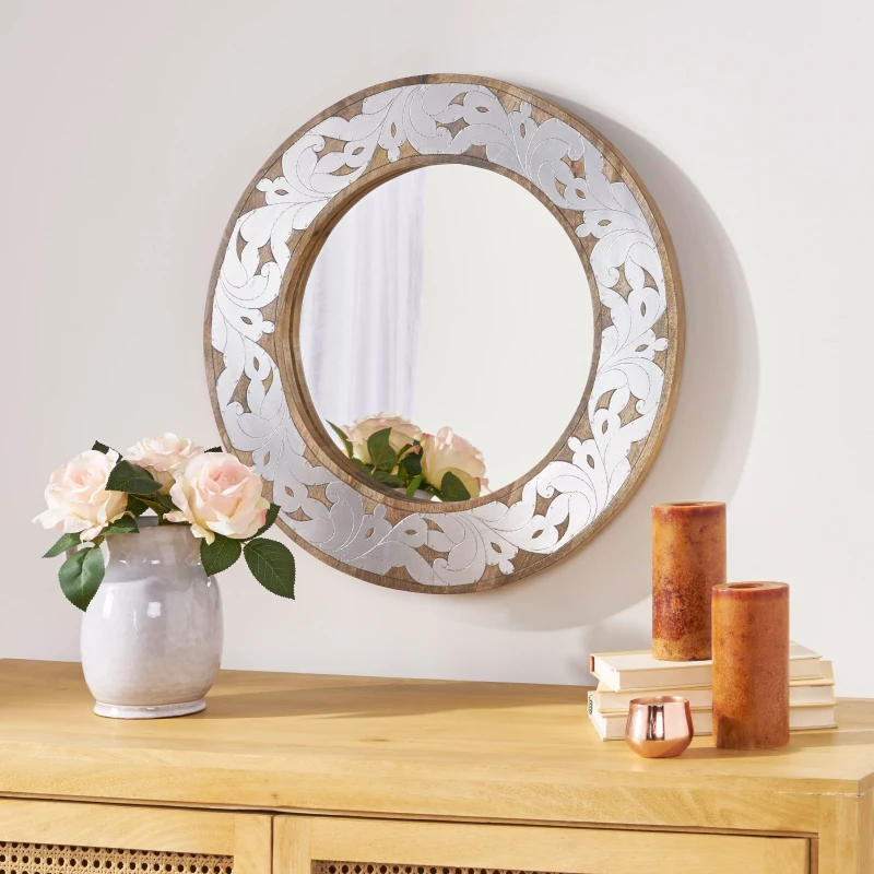 Handcrafted Mango Wood Round Mirror with Aluminum Fitted Floral Design, 22.5" L x 1" W x 22.5" H, Natural