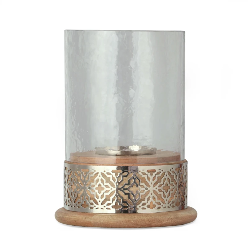 Boho Handcrafted Mango Wood Hurricane Candle Holder with Tempered Glass Cover and Metal Accents, 6.75" x 6.75" x 9.5", Natural