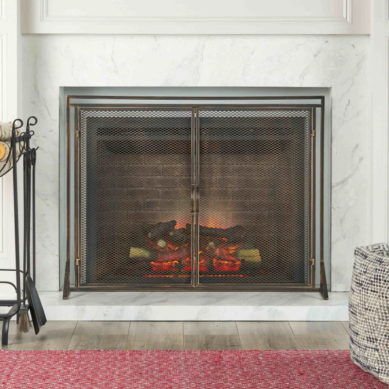 Iron Fireplace Screen with Easy Access Doors, Matte Black Finish, Hand-Crafted Details, 40" L x 10.25" W x 30.5" H, Black+Gold