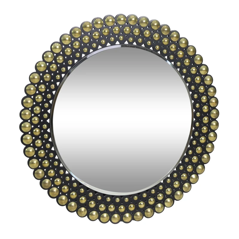 Contemporary Studded Round Wall Mirror, Tempered Glass with Iron Frame, Hand-Crafted, No Assembly Required, 35.5" x 35.5", Black