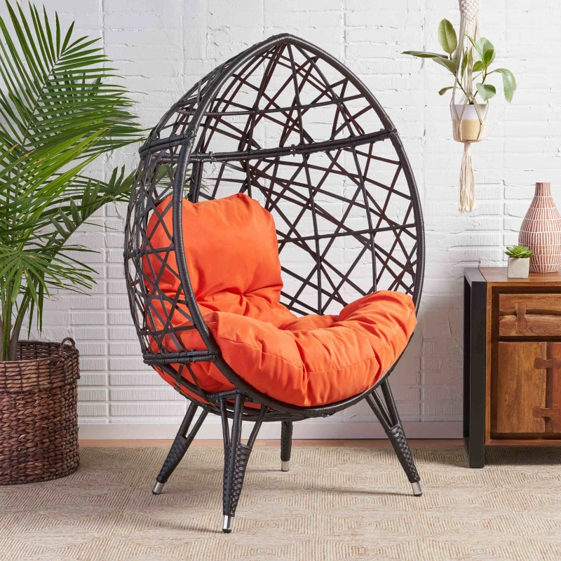 Vinsetto Indoor Teardrop Wicker Patio Chair with Water-Resistant Cushions, Durable Metal Frame, 38.5" L x 29.5" W x 58" H, Brown+Orange