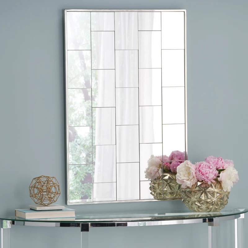 Rectangular Glam Brick Patterned Wall Mirror with Stainless Steel Frame, No Assembly Required, 23.6" L x 35.4" W x 0.78" H, Silver