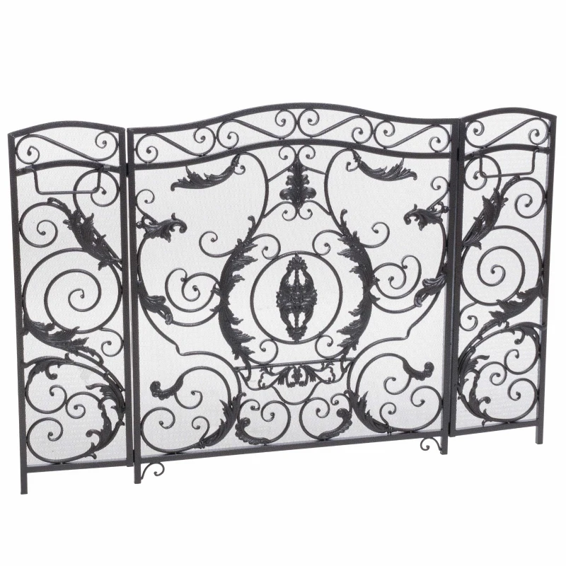 Retro style Fireplace Screen with Ornate Floral Iron Design and Three-Panel, No Assembly Required, 53.5" L x 2" W x 36.5" H, Black+Silver