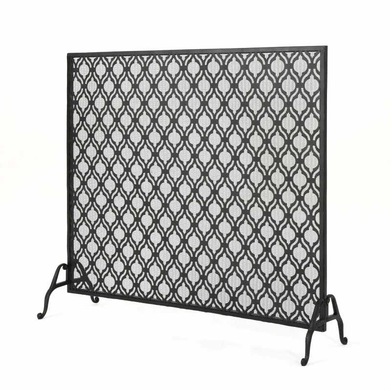 Modern Single Panel Iron Fireplace Screen with Durable Iron Frame, Rustproof Solid Free Standing Fire, 39.5" L x 11.25" W x 35" H, Black