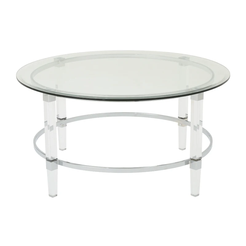 Clear Tempered Glass Round Coffee Table with Iron and Acrylic Frame, Modern Living Room Centerpiece, 35.5" L x 35.5" W x 18" H, Clear