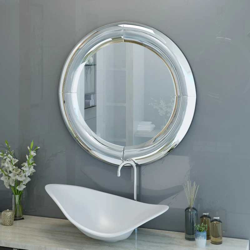 Glam Circular Wall Mirror with Faux Wood Frame, Tempered Glass, Curved Round Mirror, No Assembly Required, 31.5" L x 31.5" W x 1.38" H, Clear