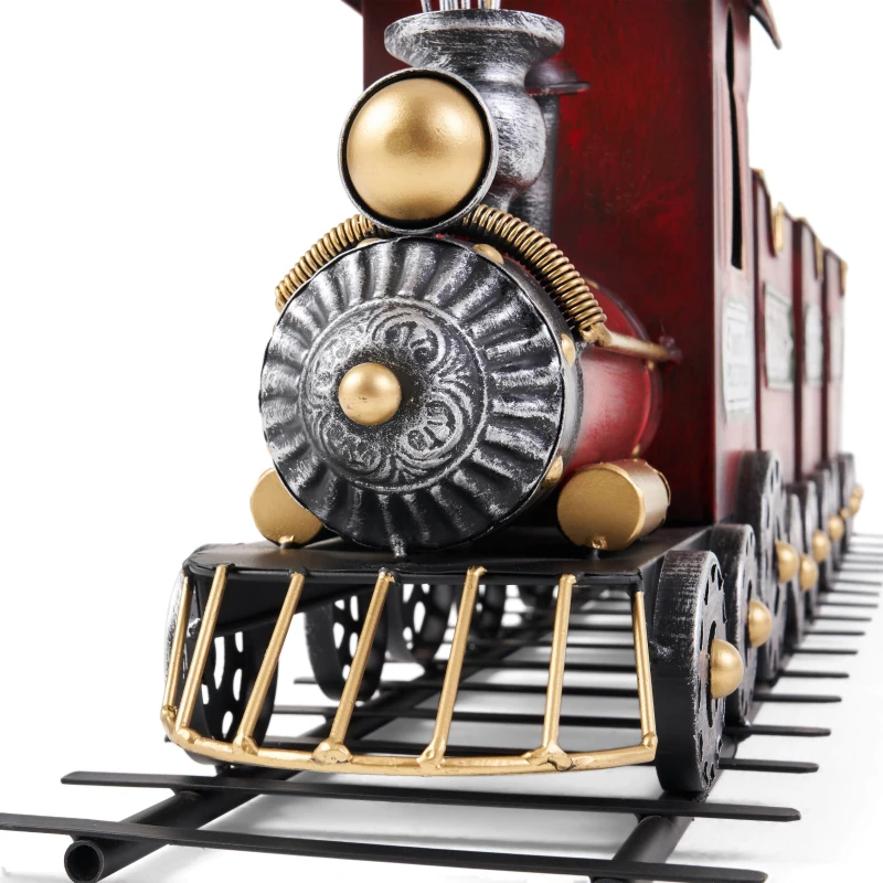 Dark Red Metal Train with Three Cars Decor, Collectible Model with Storage, 37.25"x7.6"x11", Red