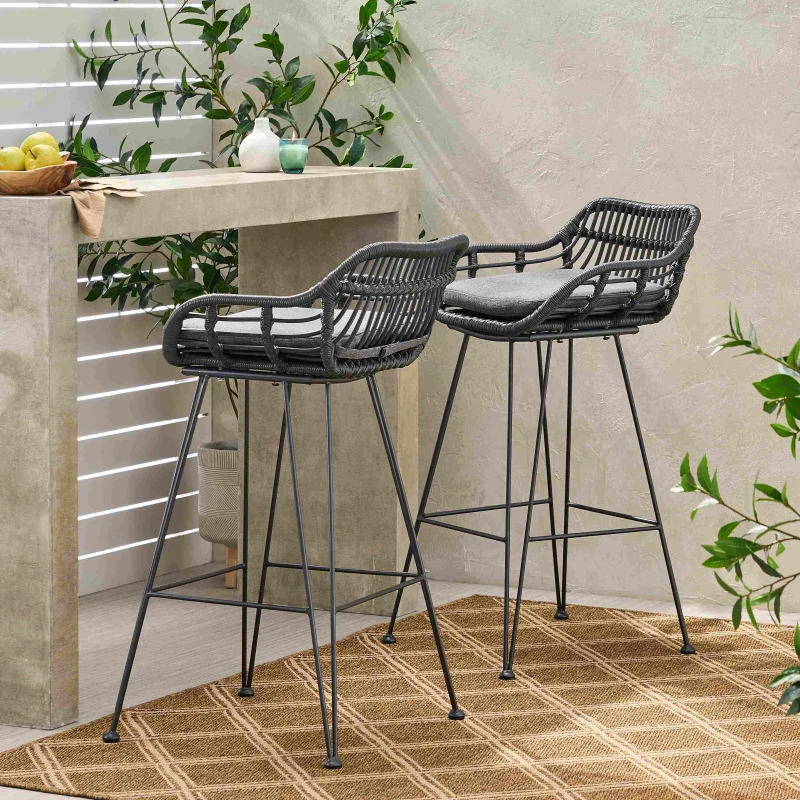Outdoor Wicker Barstools Set of 2 with Cushions, Handcrafted Faux Rattan, Water-Resistant Fabric, Iron Frame, 22" L x 23.25" W x 38" H, Gray
