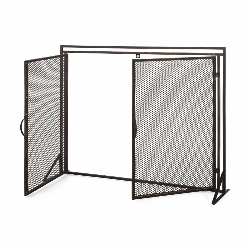 Iron Fireplace Screen with Easy Access Doors, Matte Black Finish, Hand-Crafted Details, 40" L x 10.25" W x 30.5" H, Black+Gold