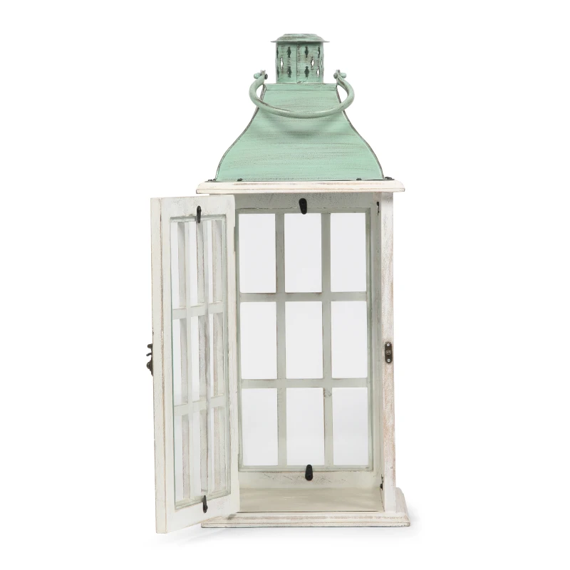 Handcrafted Mango Wood Decorative Lantern with Tempered Glass Panels, Coastal Finish, and Iron Handle, 10.25" L x 10.25" W x 24.5" H, White+Green