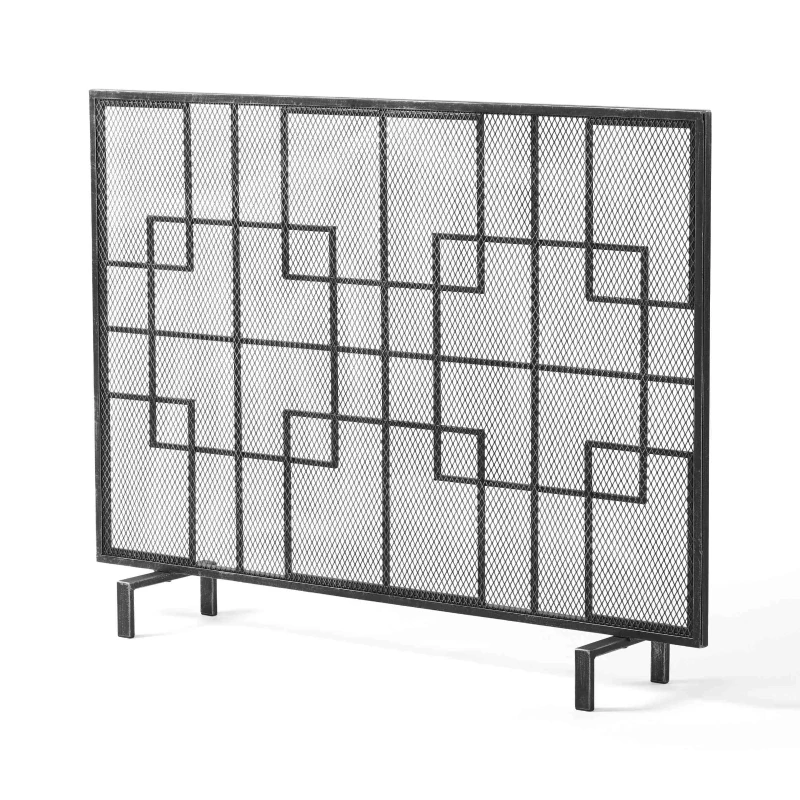 Modern Single Panel Decorative Fireplace Screen with Fine Mesh, Square Pattern, Easy Assembly, 41" L x 8" W x 30.75" H, Black+Silver Iron