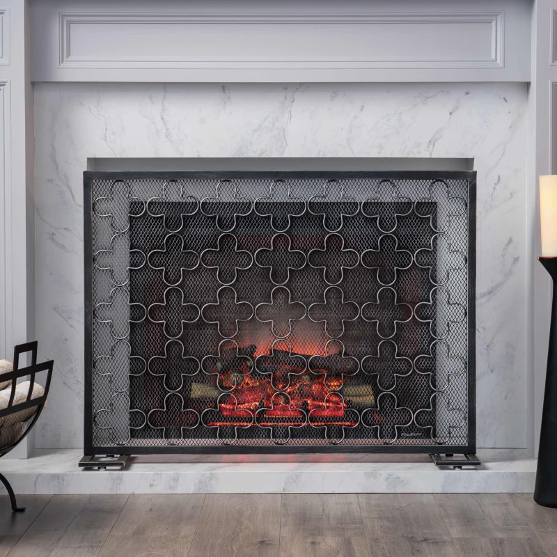 Modern Iron Fire Screen with Single Panel Design and Fine Mesh, Geometric Pattern, and Easy Assembly, 41" L x 8" W x 30.75" H, Black+Silver