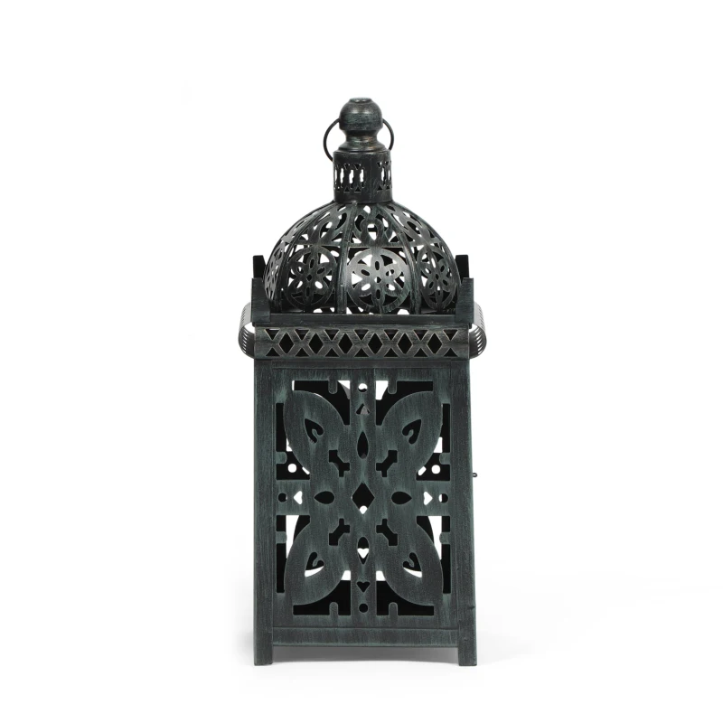 Handcrafted Iron Decorative Lantern with Black Patina Finish, Vintage Shabby Chic Design, 6.75" x 6.75" x 15.5", Black