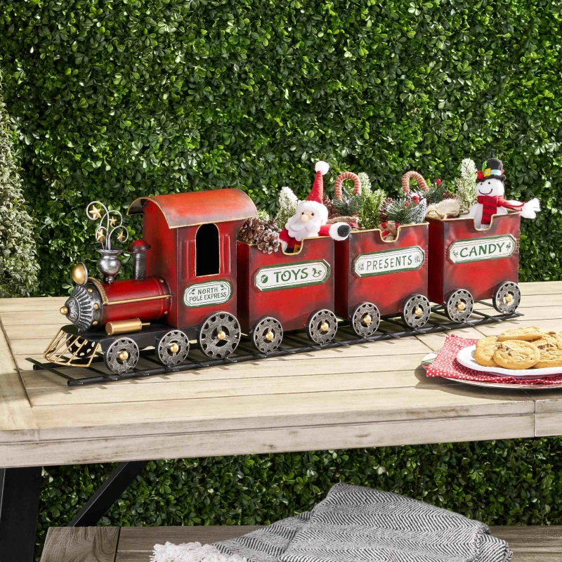Dark Red Metal Train with Three Cars Decor, Collectible Model with Storage, 37.25"x7.6"x11", Red