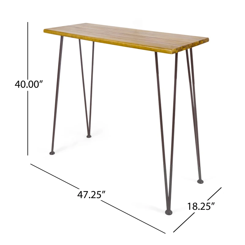 Modern Outdoor Industrial Teak Finished Acacia Wood Bar Table with Iron Hairpin Legs, Outdoor Acacia Wood with Teak Finish, 47.25" L x 18.25" W x 40" H, Brown