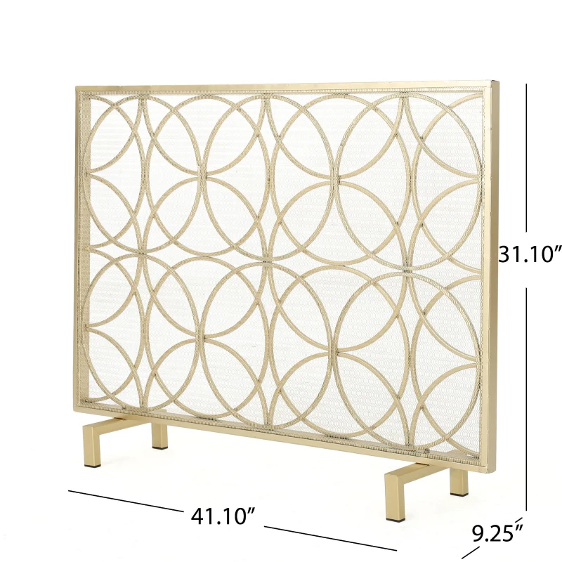 Stylish Single Panel Iron Fireplace Screen With Durable Iron Frame, Modern Overlapping Circle Design, 41.1" L x 9.25" W x 31.1" H, Gold