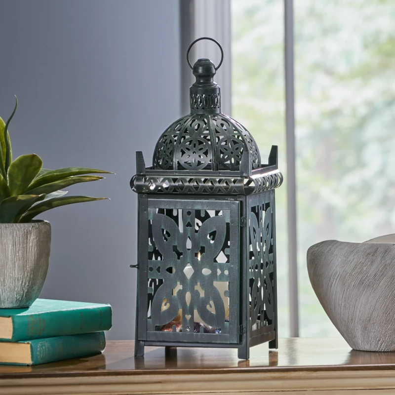 Handcrafted Iron Decorative Lantern with Black Patina Finish, Vintage Shabby Chic Design, 6.75" x 6.75" x 15.5", Black