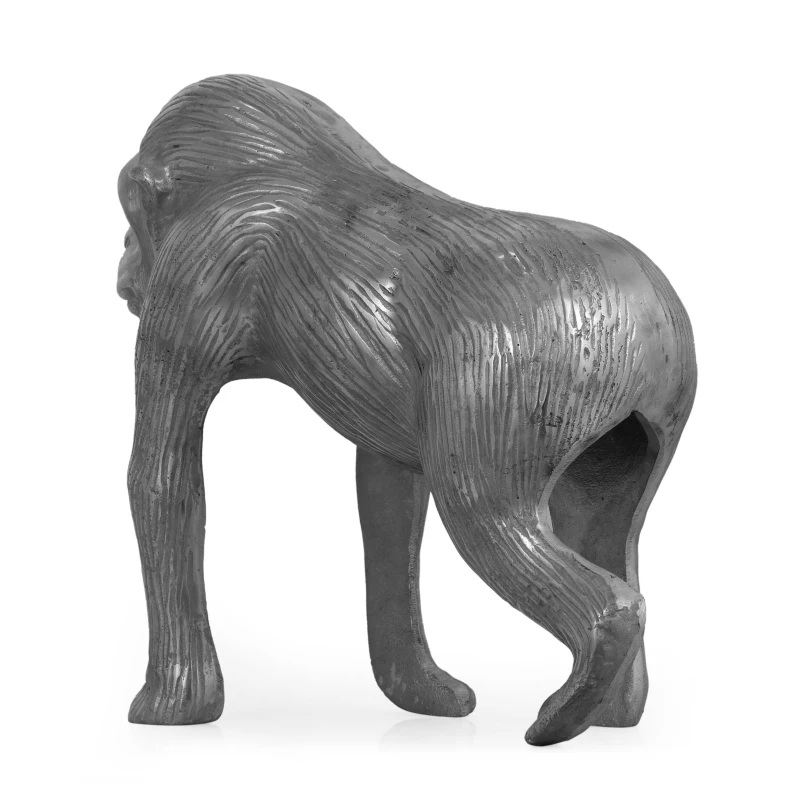 Handcrafted Aluminum Ape Figurine with Polished Silver Finish, Detailed Fur and Facial Features, 14" L x 5.5" W x 12.5" H, Gray