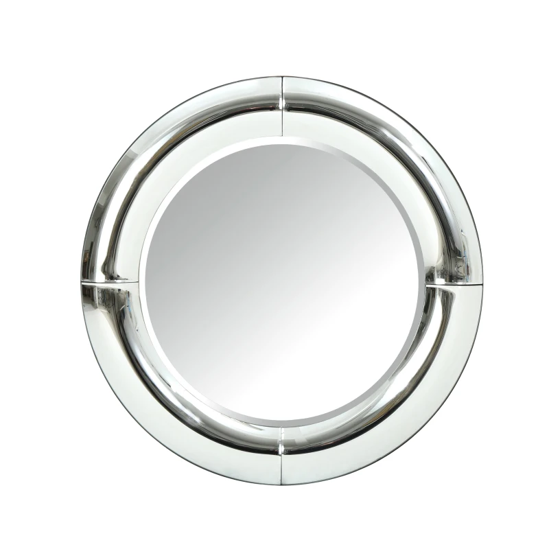 Glam Circular Wall Mirror with Faux Wood Frame, Tempered Glass, Curved Round Mirror, No Assembly Required, 31.5" L x 31.5" W x 1.38" H, Clear