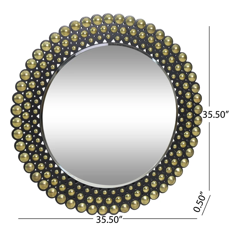 Contemporary Studded Round Wall Mirror, Tempered Glass with Iron Frame, Hand-Crafted, No Assembly Required, 35.5" x 35.5", Black