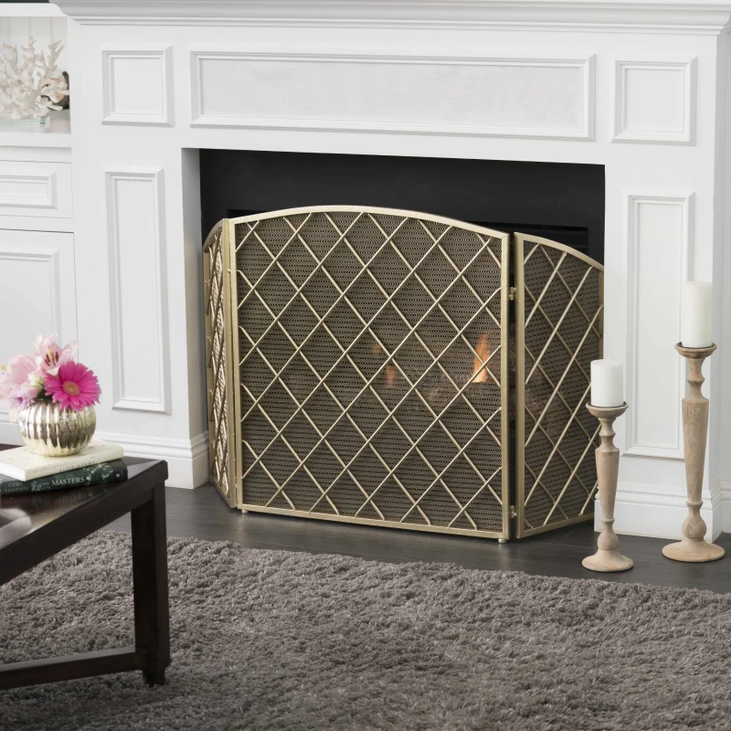 Modern Single Panel Iron Fireplace Screen with Durable Iron Frame, Rustproof Solid Free Standing Fire, 53.2" L x 1.7" W x 32" H, Gold