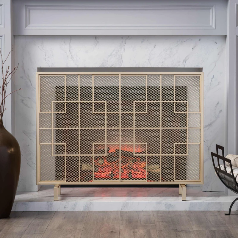 Modern Iron Fire Screen with Single Panel Design and Fine Mesh, Geometric Pattern, and Easy Assembly, 41" L x 8" W x 30.75" H, Gold