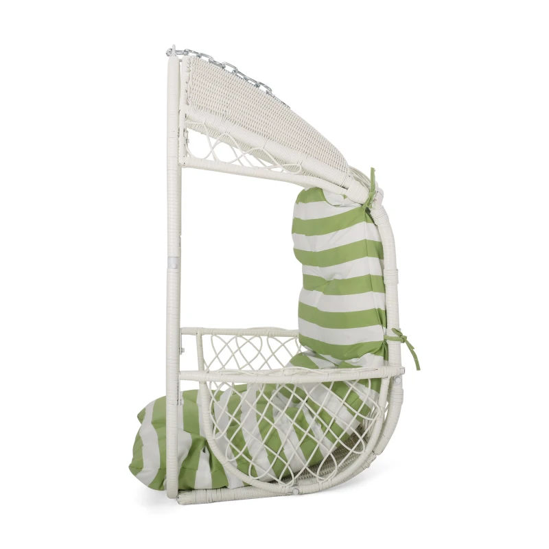 Outdoor/Indoor Wicker Hanging Chair with Water-Resistant Cushions and Faux Rattan, Professional Installation Required, 34.5" L x 25" W x 46.25" H, White+Green