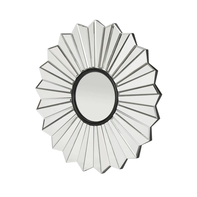 Glam Round Flower Patterned Wall Mirror with Faux Wood Frame, No Assembly Required, 31" L x 31" W x 1" H, Silver