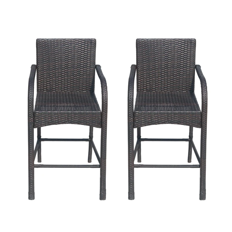 Vinsetto Outdoor Wicker Barstool Chair Set of 2 with Durable Powder-Coated Metal Frame, Hand-Crafted Faux Rattan, 22" L x 24.25" W x 45.5" H, Brown